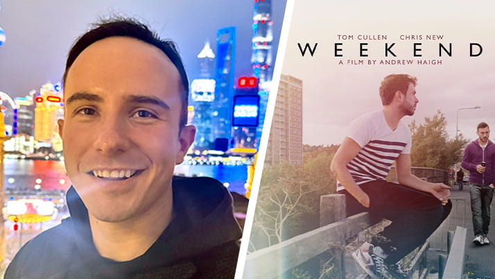 Dylan Brown an MBA student next to his PRIDE media pick