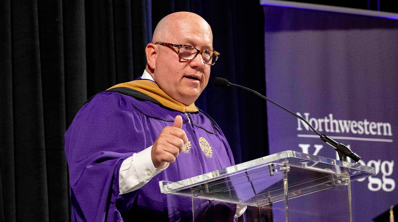 Barry McCarthy '96 MBA, President and CEO of Deluxe, delivers the keynote speech at the Kellogg Executive MBA Convocation for the Class of 2025.