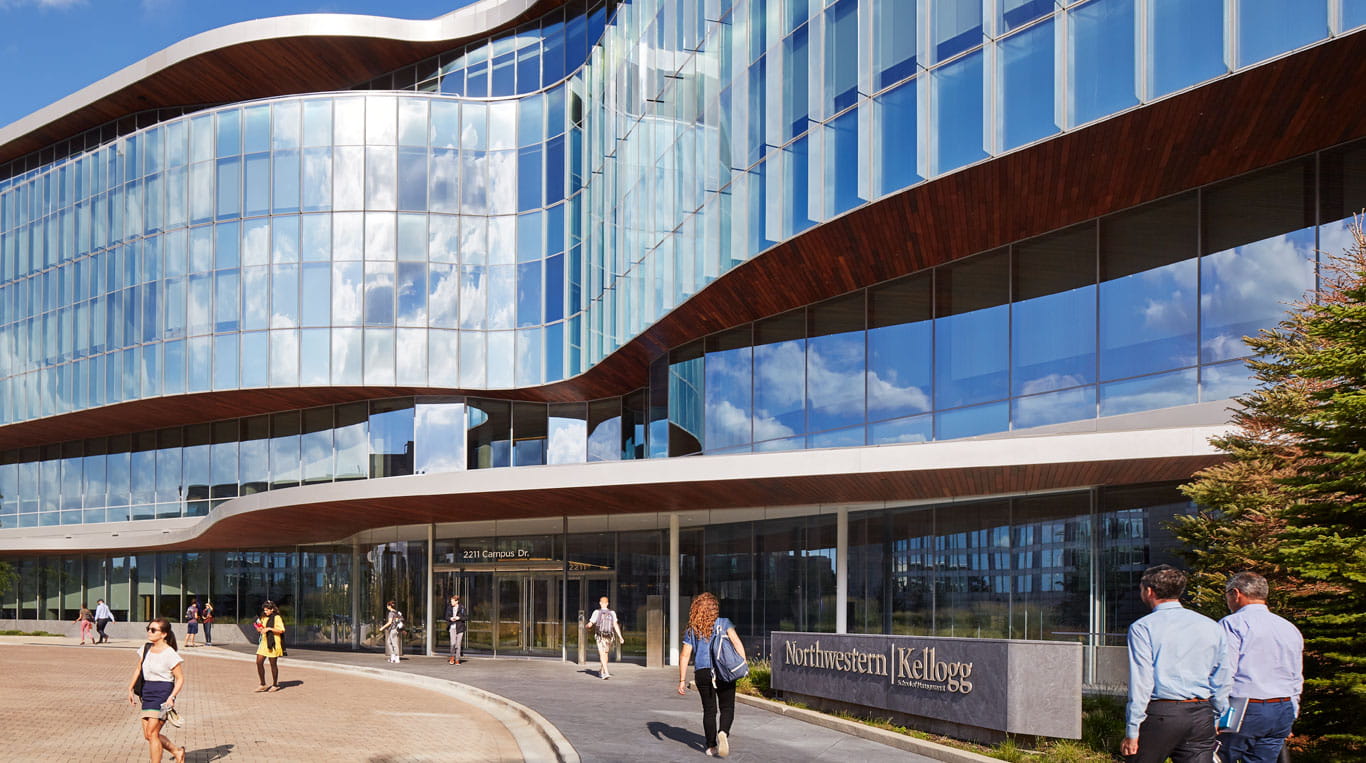 An exterior shot of the Global Hub, a building at Northwestern University