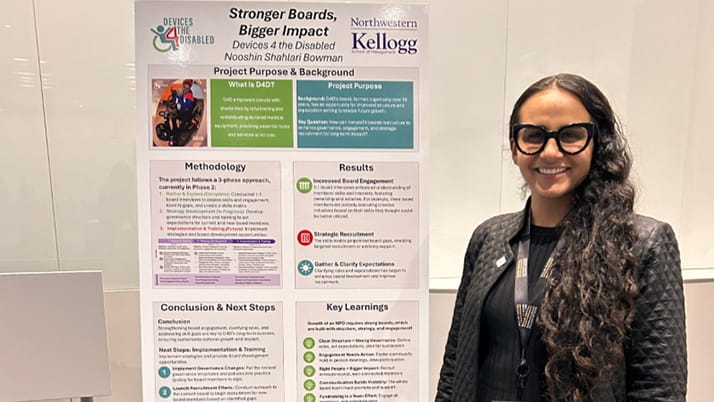 A woman wearing glasses and a black outfit stands smiling next to her presentation poster titled “Stronger Boards, Bigger Impact” for the Golub Capital Board Fellows program at Northwestern Kellogg. The poster includes sections on project purpose, methodology, results, and key learnings.