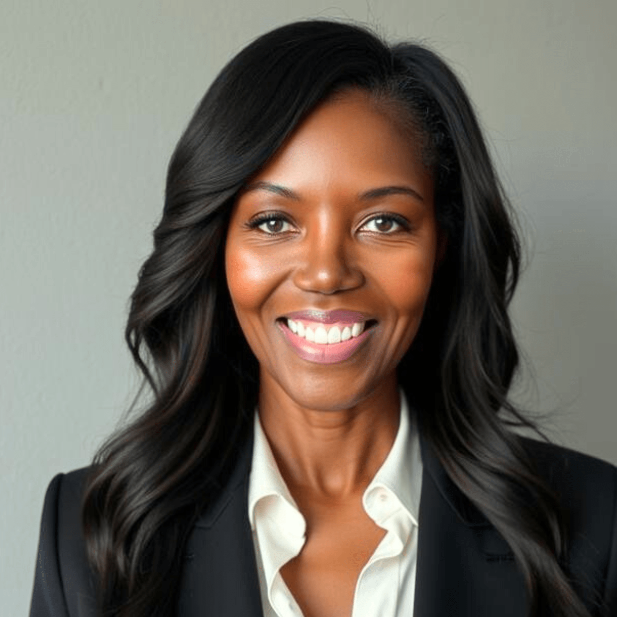 A Black woman wearing a white blouse and black blazer.