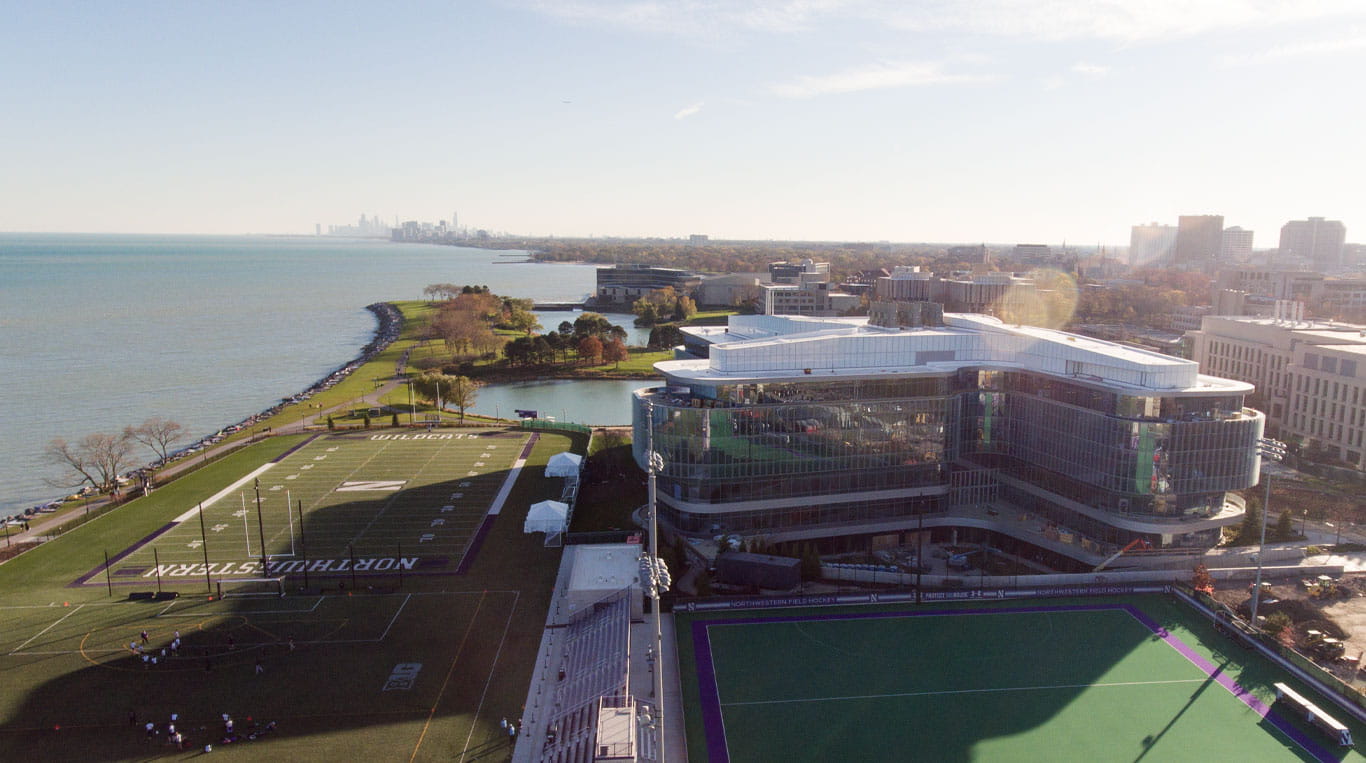 south facing aerial morning shot of the Global Hub in Evanston