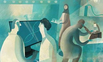 research laboratory with men and women scientists