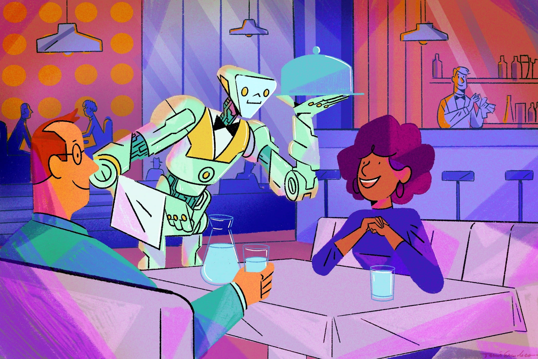robot waiter serves couple in restaurant