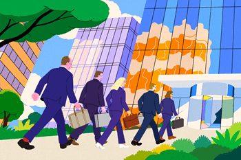 illustration of five FTC/DOJ lawyers approaching the entrance to a glass skyscraper.