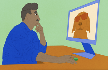 illustration of man viewing images on computer monitor and pushing red or green button to signal real or fake.