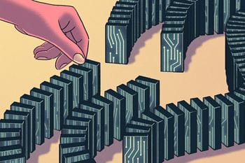 illustration of a domino fall with circuit board pips on the dominoes