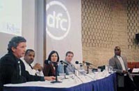 Professor Steve Rogers (far R) leads the "Entrepreneur's Forum," a panel discussion at the Digital Frontier Conference.