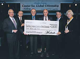 (L to R) President Bienen, John Rintamaki, Dean Jacobs, Professor David Messick, Vaughn Koshkarian and Deborah Zemke, Ford's director of corporate governance 