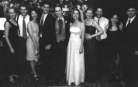 Left to right: Stephanie Blackburn '02, Tim Freeth, Michiko Araki '00, Steve Kelley, Nathaniel Edmonds (groom), Alice Ayres Edmonds '01, Katie White, Randy White, Eleni Roosides, and Nikos Bezanis.