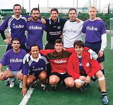 The Kellogg Alumni Soccer Club of Madrid took home the title at this year's Kellogg Soccer Fall Classic. Back, from left: Ivan Bravo '04, Luis Gomez, Javier Medrano '98, Juan Serrano '91, Marcus Arildsson '01; front, from left: Alvaro Granada '06, German Arguelles, David NuÒez '03, Marcos Perez-Arauna.