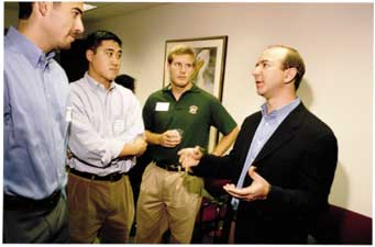 Amazon CEO Jeff Bezos speaks with Kellogg students.