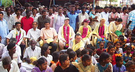 J. P. Rhea, center with garland, among some of the people he came to know during a three-week project in Kathanpatti, India